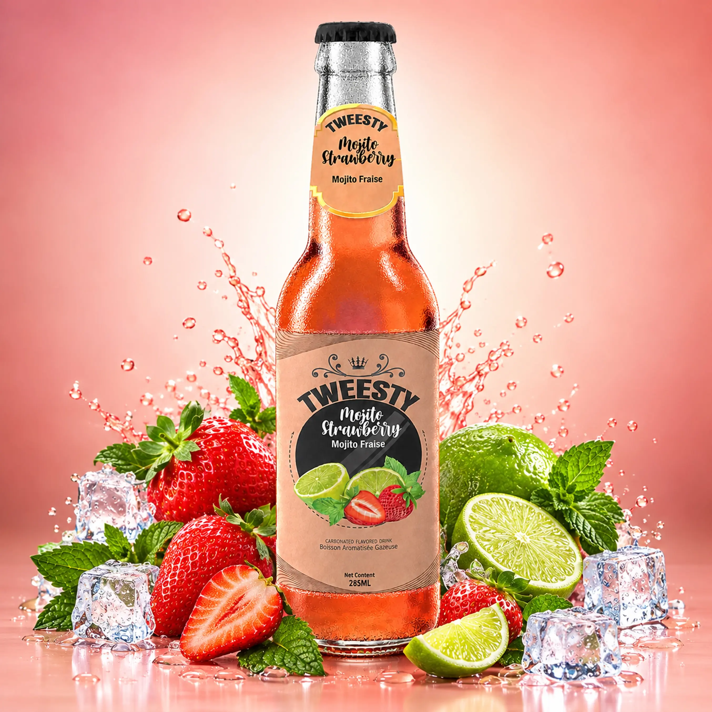 TWEESTY Mojito Strawberry carbonated flavoured drink 285ml glass bottle with strawberry, lime, mint and ice